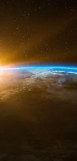 Breathtaking sunrise view of Earth from space with vivid colors and cosmic expanse.