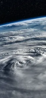 View of Earth from space with a swirling storm pattern.