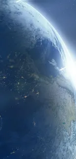 Mobile wallpaper showing Earth from space with glowing cosmic light.