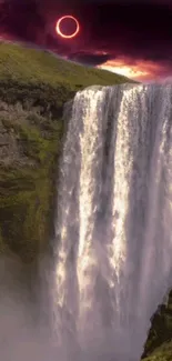 Waterfall with a lunar eclipse in the background, creating a dramatic scene.