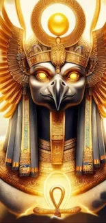 Golden Egyptian Horus art wallpaper with intricate details.