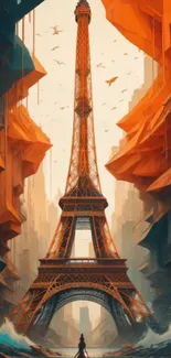 Artistic view of Eiffel Tower with vibrant orange hues and surreal scenery.