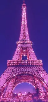 Elegant Eiffel Tower lit at night in purple and pink tones.