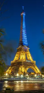 Eiffel Tower illuminated at night in Paris skyline.