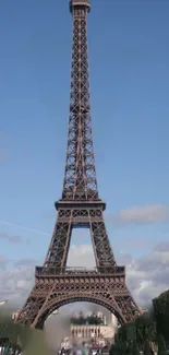 Eiffel Tower under a clear blue sky in Paris, France.