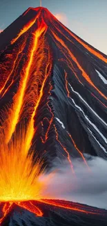 Dynamic eruption of a volcano with bright orange lava flows and smoke.