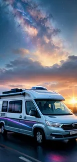 Van on a scenic road with sunset and starry sky backdrop.