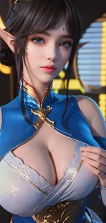 Fantasy anime character with elven features in blue attire.