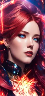 Fantasy art with red-haired character and blue eyes in vibrant colors.