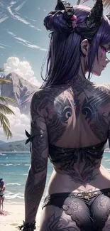 Fantasy beach art with tattooed character and scenic background.