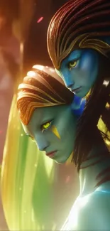 Two mystical blue-skinned creatures in a fantasy setting with vivid lighting.