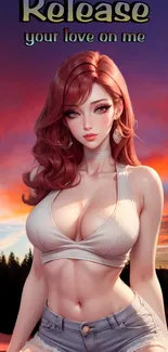 Fantasy wallpaper featuring a red-haired figure against a colorful sunset.