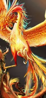 Fiery phoenix with bright orange and yellow feathers, soaring majestically.