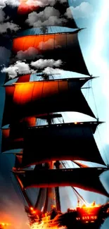 Fiery sailing ship under stormy sky with dramatic clouds and lightning.