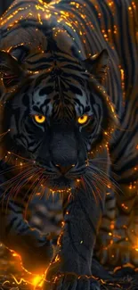 A tiger with glowing eyes walks confidently in a fiery, dark forest.