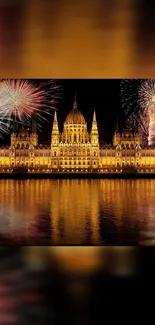 Fireworks illuminate the European parliament against a night sky on mobile wallpaper.