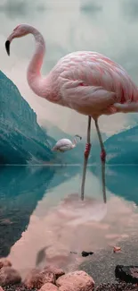 Flamingo standing in a tranquil lake with mountain backdrop.