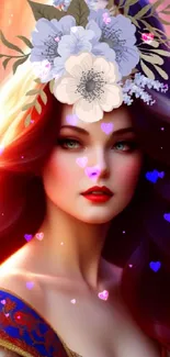 Fantasy artwork of a woman with flowers in vibrant colors.