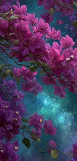 Vibrant purple flowers against a starry galaxy background.