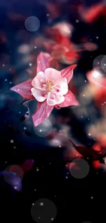 Mobile wallpaper with a pink flower and cosmic background.