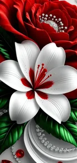 Red and white flowers with green leaves on wallpaper background.