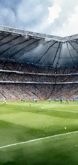 Watercolor illustration of a football stadium during a match with vibrant colors.