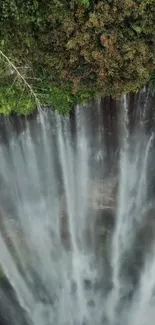 Aerial view of a waterfall in a lush forest.