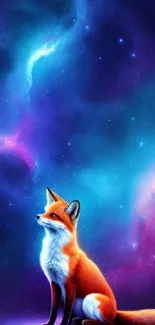 Fox gazing into a vibrant, starry galaxy on mobile wallpaper.