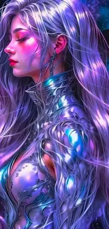 Futuristic purple space woman artwork with cosmic background.