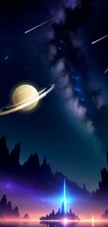 Galactic nightscape with planet and starry sky in stunning space-themed wallpaper.