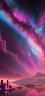 Fantasy galaxy landscape with vibrant pink hues and dreamy night sky.