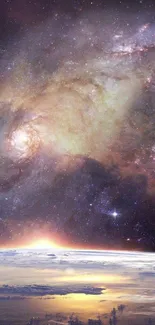 Beautiful galaxy horizon with cosmic clouds and stars for mobile wallpaper.