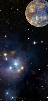 Galaxy mobile wallpaper with distant planet and stars.