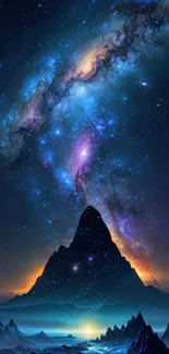 Majestic mountains under a starry galaxy sky wallpaper.