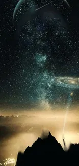 Galaxy night sky wallpaper with stars and distant galaxies over a silhouette landscape.