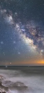 Milky Way over ocean at night, starry sky wallpaper.