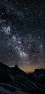 Star-filled night sky with Milky Way and mountain silhouette.