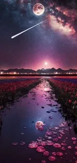 Galaxy night sky with flowers and water reflection.