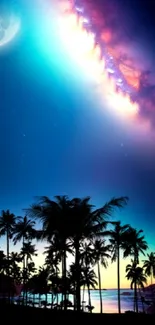 Galaxy sky over palm trees at ocean sunset in a stunning wallpaper.