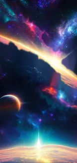 Colorful galaxy wallpaper featuring planets and nebulae in space.