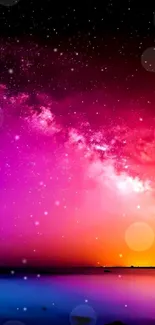 Vibrant galaxy phone wallpaper with purple and orange hues.