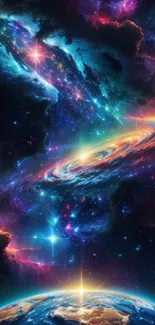 Galaxy-themed wallpaper with stars, nebula, and planet glowing in space.