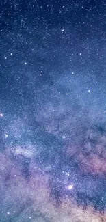 Purple and blue galaxy wallpaper with stars and cosmic clouds.