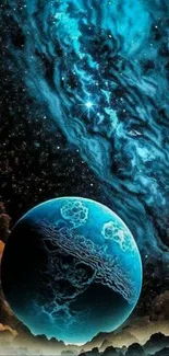 Vibrant galaxy with a blue planet and starry sky.