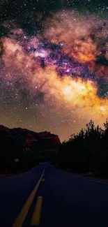 Starry galaxy night over a scenic road.