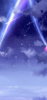 Galaxy-inspired mobile wallpaper with shooting stars and deep blue night sky.