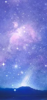 Galaxy wallpaper with starry sky and purple hues, featuring serene reflections.