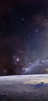 Vivid space wallpaper featuring the galaxy and Earth's horizon with a starry night sky.