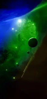 Vibrant space wallpaper with stars, nebula, and planets in blue and green hues.