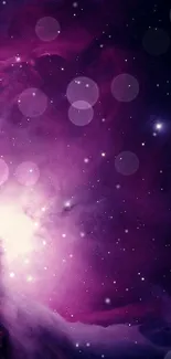 Vibrant purple galaxy wallpaper with starry background.